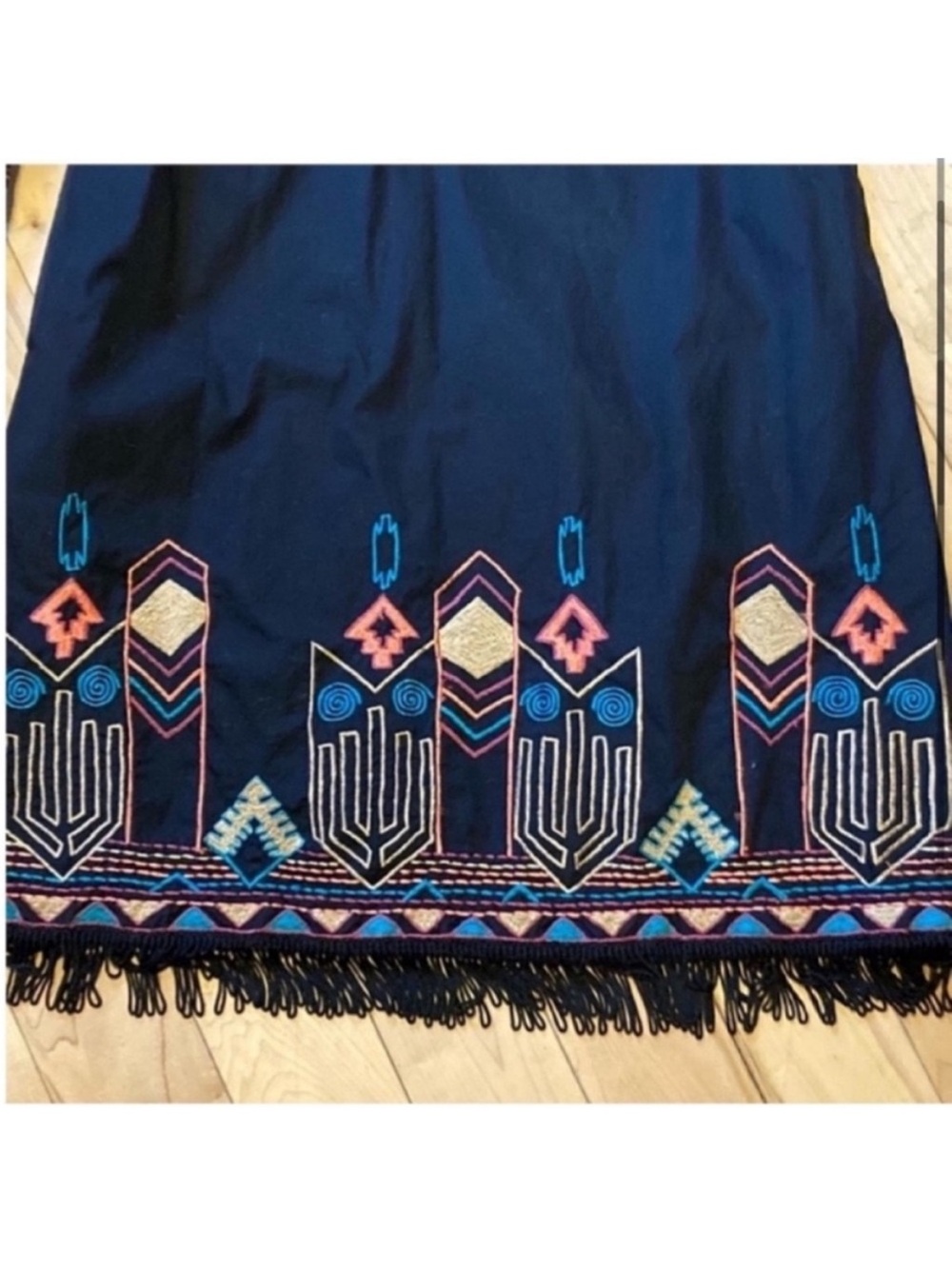 eShakti Black cotton dress colorful embroidery w tassel fringe hem size medium - Picture 3 of 10